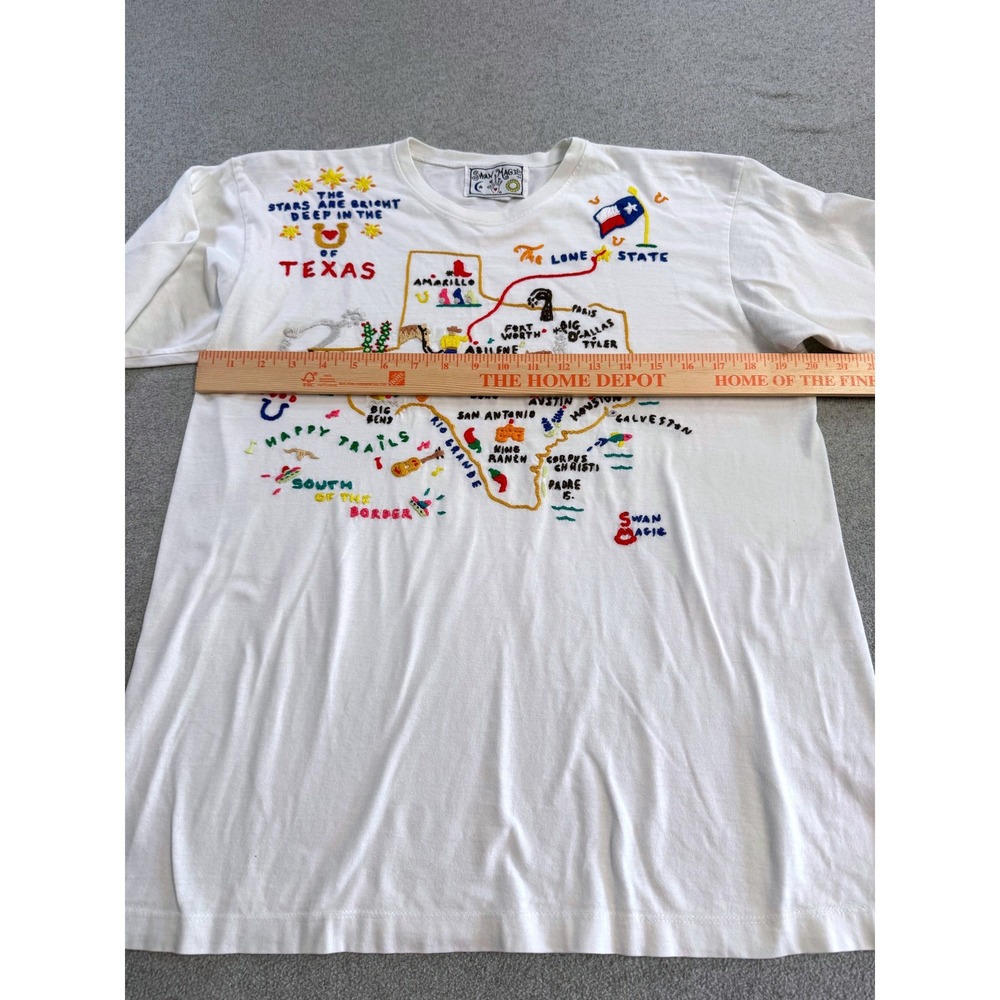 Vintage Style Texas Map Embroidered Tee Swan Magic Folk Art Graphic Shirt USA XL - Picture 6 of 9
